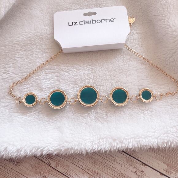 Liz Claiborne Linked Collar Statement Necklace Gold Green Round New - Picture 6 of 11